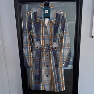 CAbi Plaid Trench Coat Jacket Size M NWT Gold Button Utility Coat Blue Brown